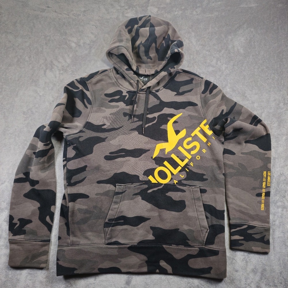 Hollister Mens Camouflage Fleece Pullover Hoodie Gray Black Yellow Logo Size M
